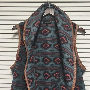 Western tribal faux leather trim fleece long cardigan vest